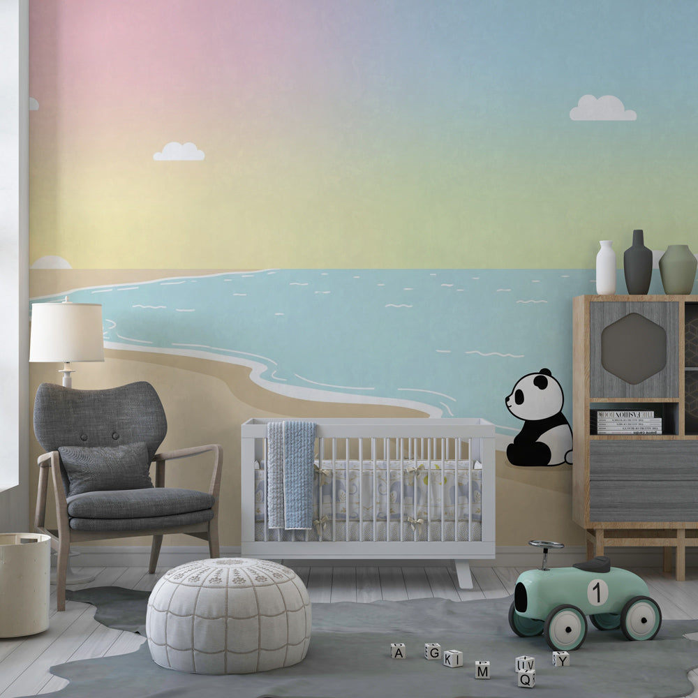 Tropical panda wallpaper creating serene atmosphere in children's bedroom