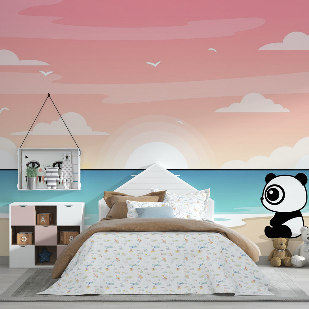 Tropical panda wallpaper in modern kids bedroom with sunset colors and palm trees