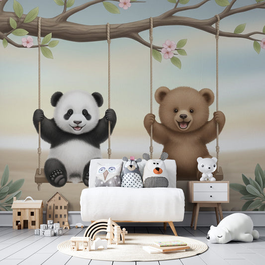 Kids-Mundo blossom swing wall mural with panda and bear cub in a child's bedroom