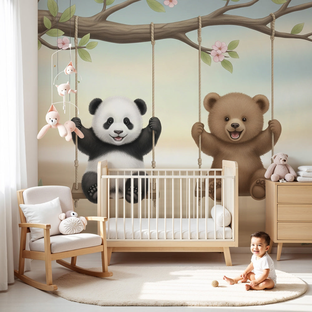Panda bear swing mural wallpaper in modern nursery with natural wood crib by Kids-Mundo