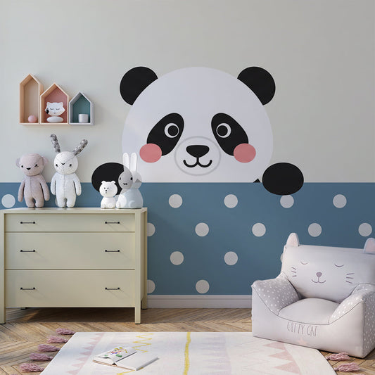 Kids-Mundo blue polka dot panda wall mural styled on a kids' bedroom wall