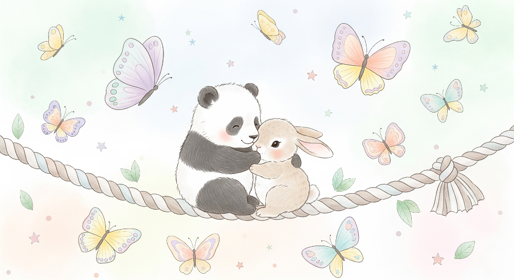 Panda and Bunny Cuddle with Butterflies Wall Mural