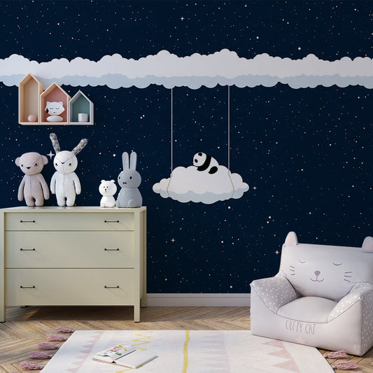 Kids-Mundo panda cloud swing wall mural bringing calm to a starry kids' bedroom.