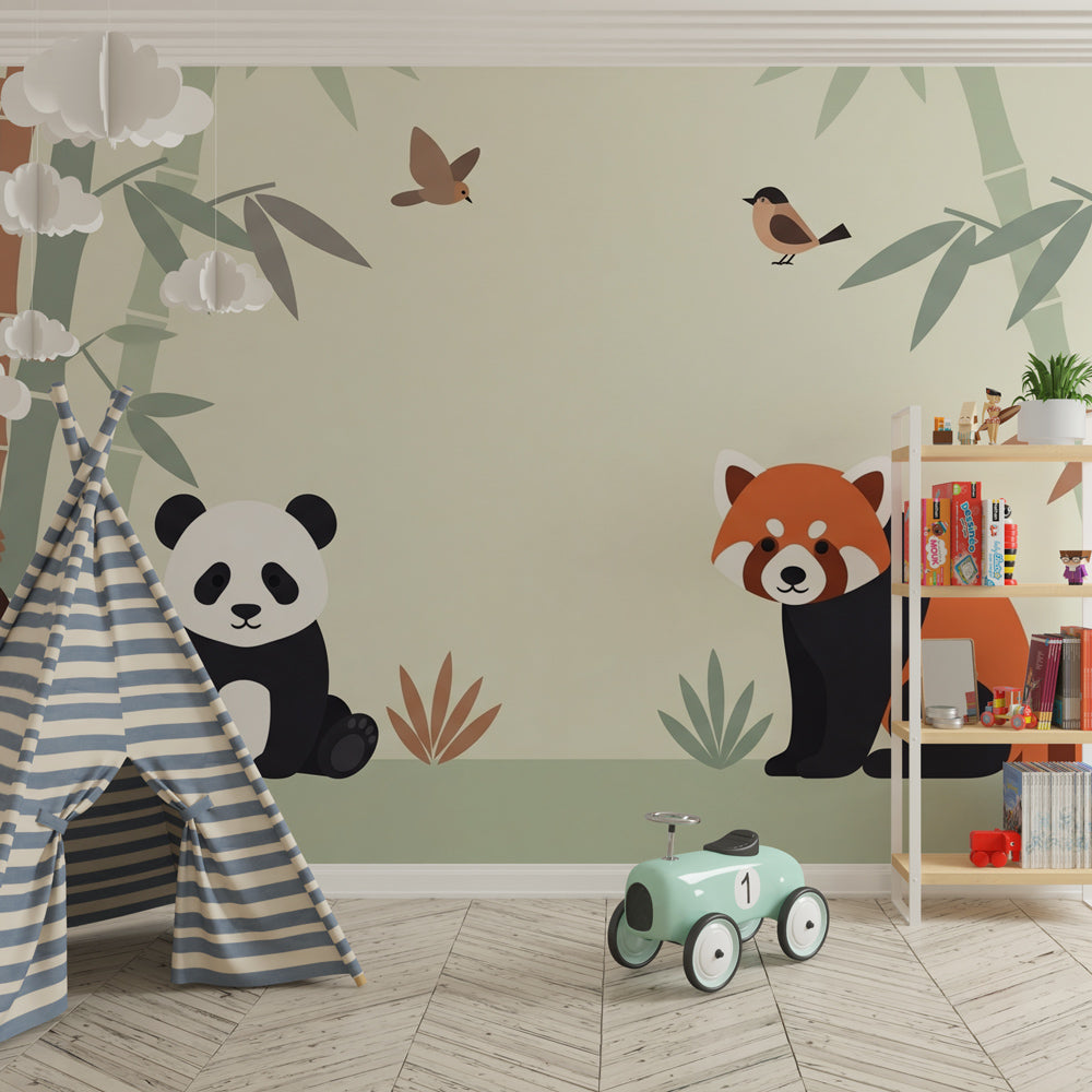 Panda and red panda mural wallpaper creating peaceful children's bedroom decor