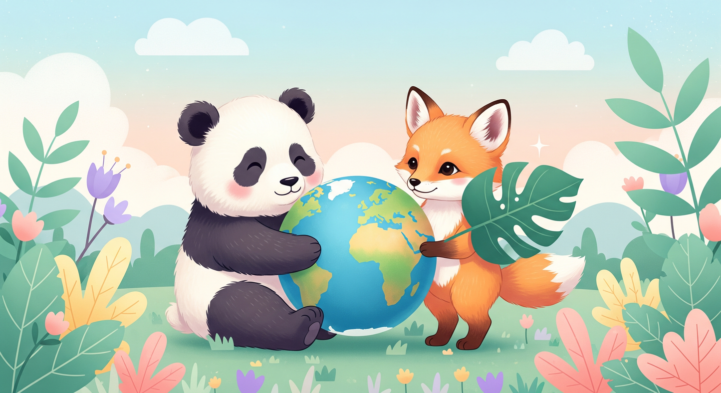Kids-Mundo flat artwork of a panda and fox holding a globe among florals