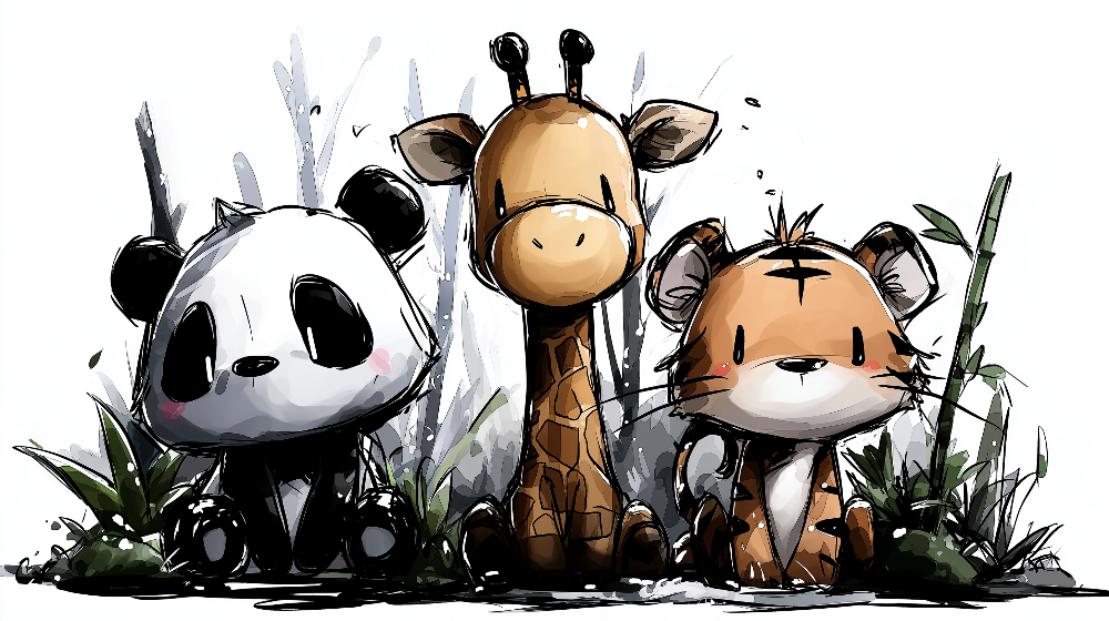 Panda, Giraffe and Tiger Sketch Wall Mural