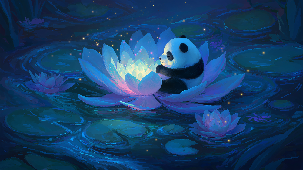 Panda on a Glowing Lotus Flower Wall Mural