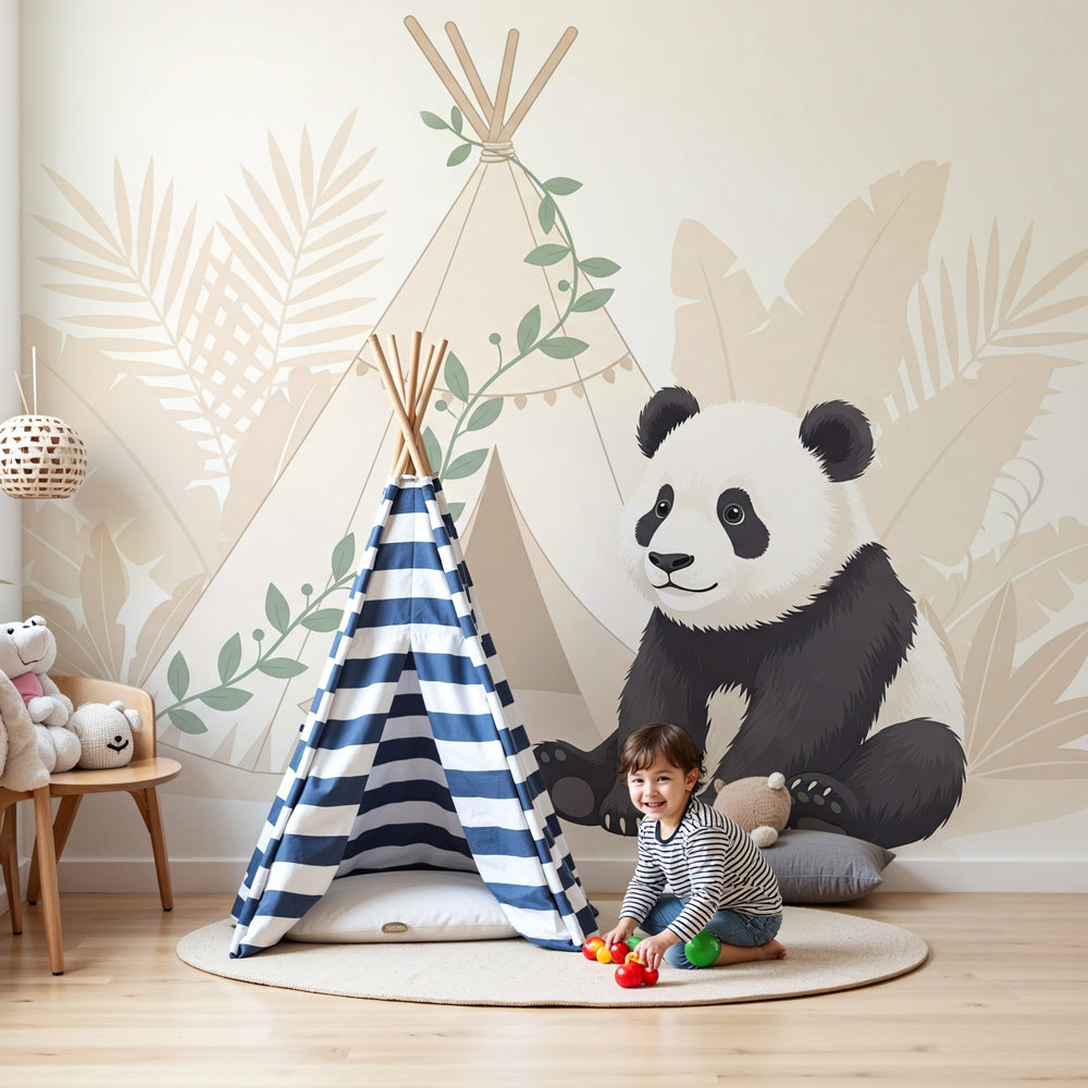 Panda jungle mural wallpaper creating peaceful tropical nursery decor by Kids-Mundo