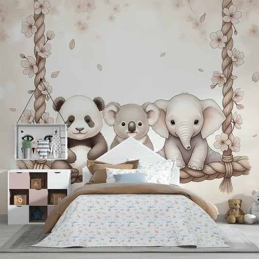 Kids-Mundo blossom swing wall mural with panda, koala and elephant in a child's bedroom