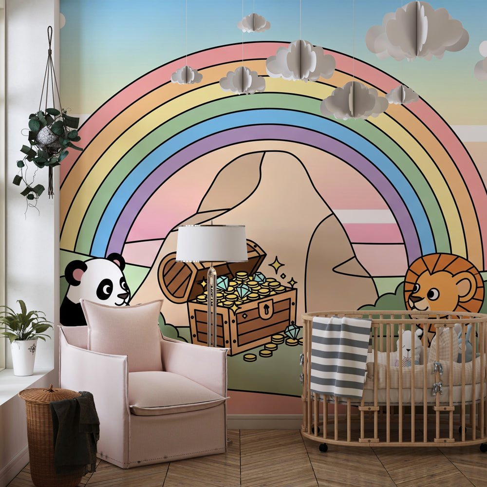 Panda and lion adventure wallpaper creating magical kids bedroom atmosphere with rainbow theme