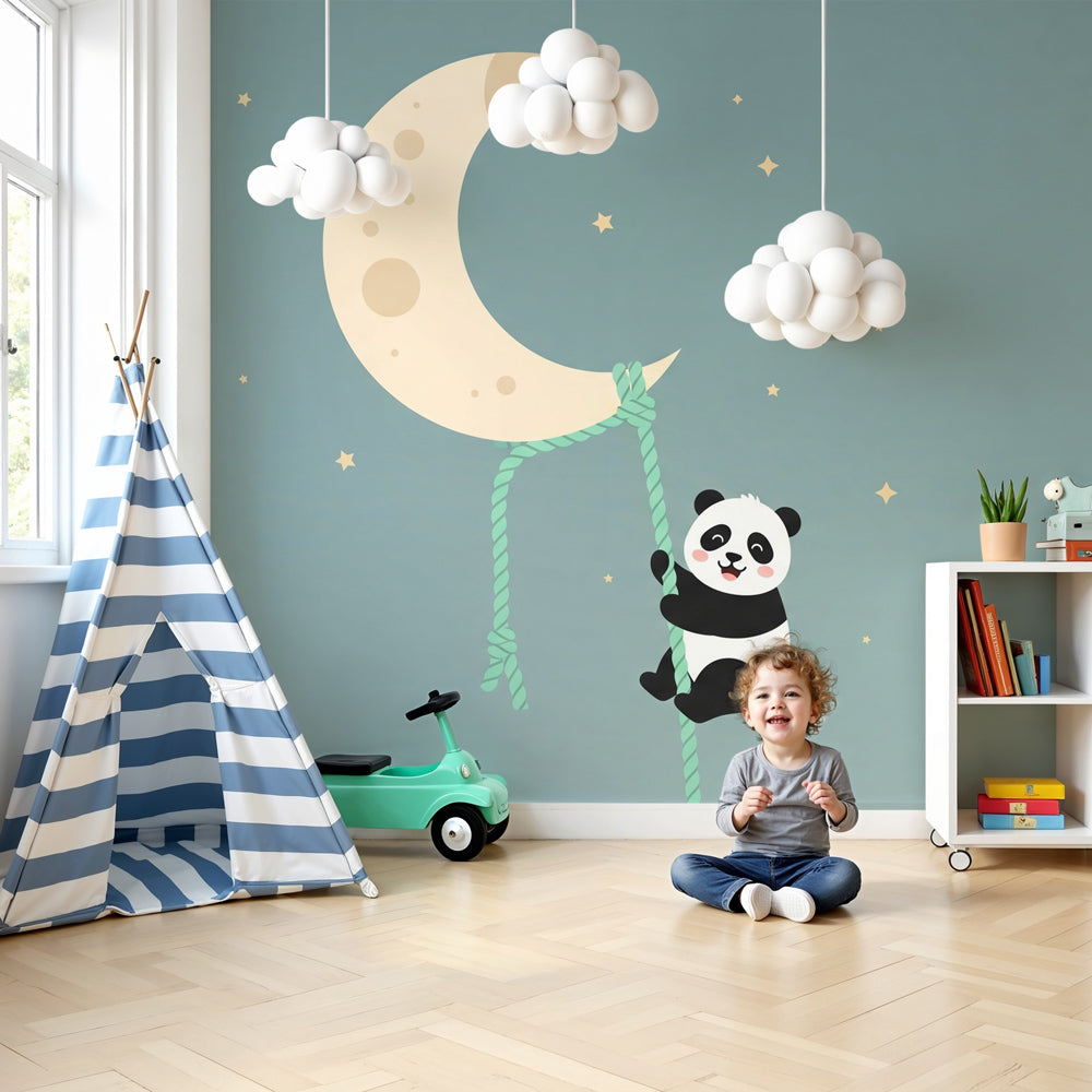 Panda moon mural wallpaper creating dreamy nursery atmosphere with soft blue tones by Kids-Mundo