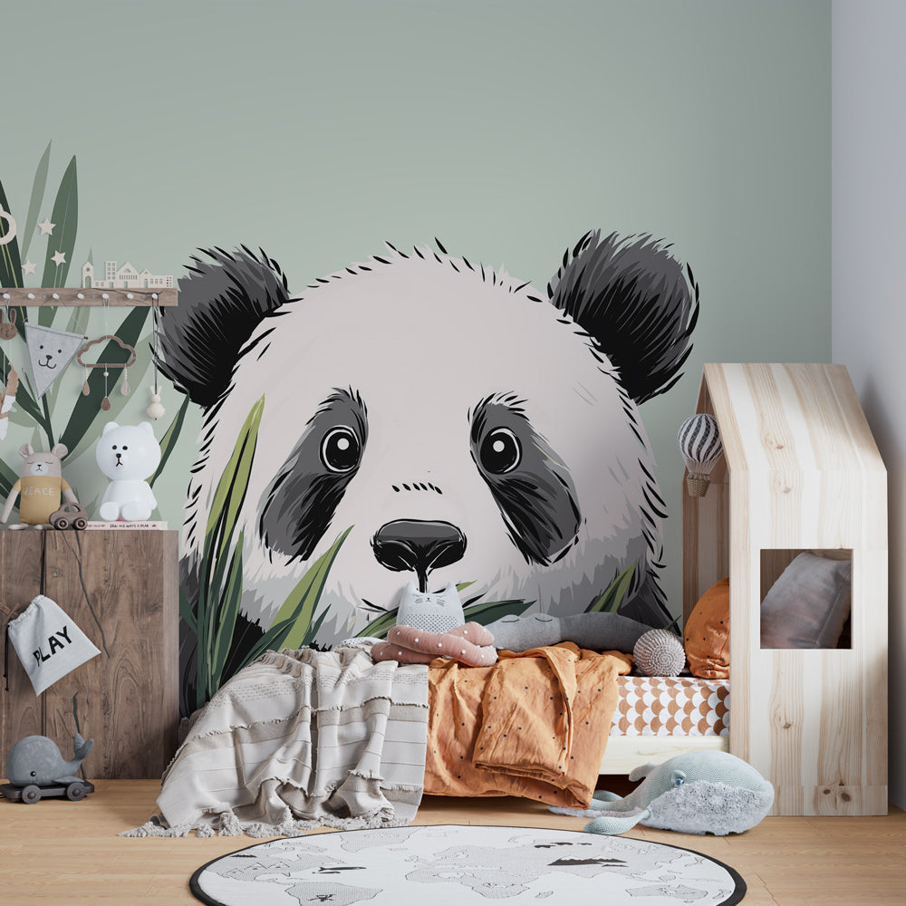 Cute panda animal wallpaper creating peaceful atmosphere in baby's room with natural decor