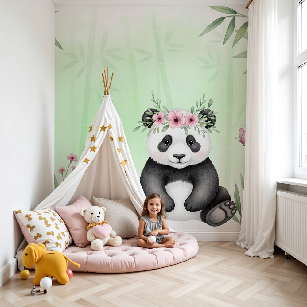 Panda bamboo garden mural wallpaper in modern nursery room by Kids-Mundo