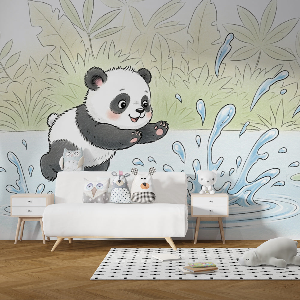 Young panda nature wallpaper transforming kids bedroom into forest adventure space with wooden furniture