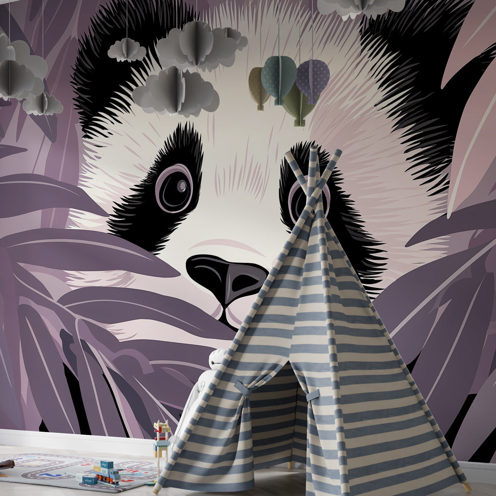 Hidden panda wallpaper creating peaceful atmosphere in children's bedroom with violet tones