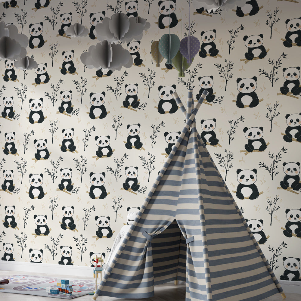 Children's bedroom featuring panda animal wallpaper with natural foliage design by Kids-Mundo