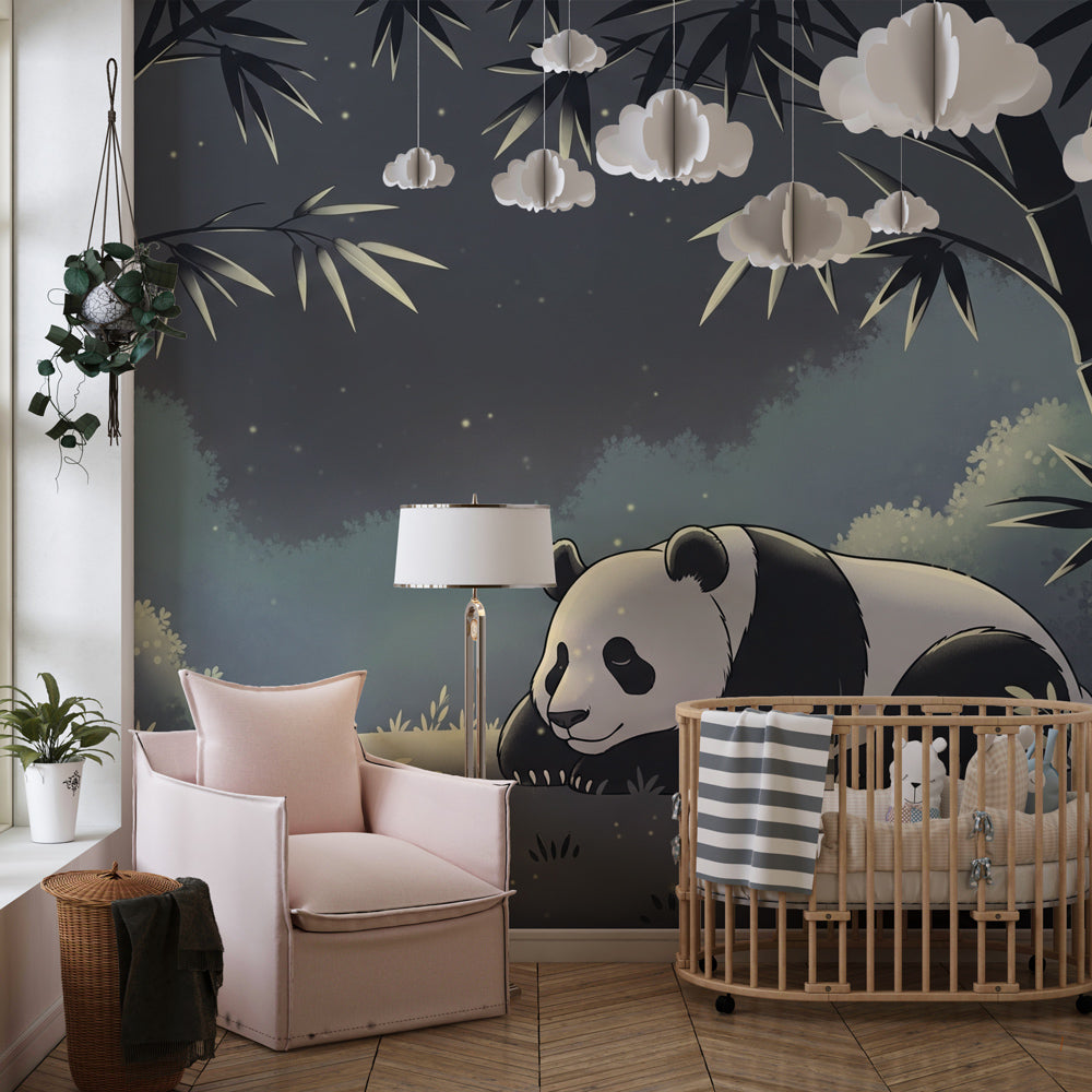 Serene panda wallpaper creating calming children's bedroom with bamboo forest theme