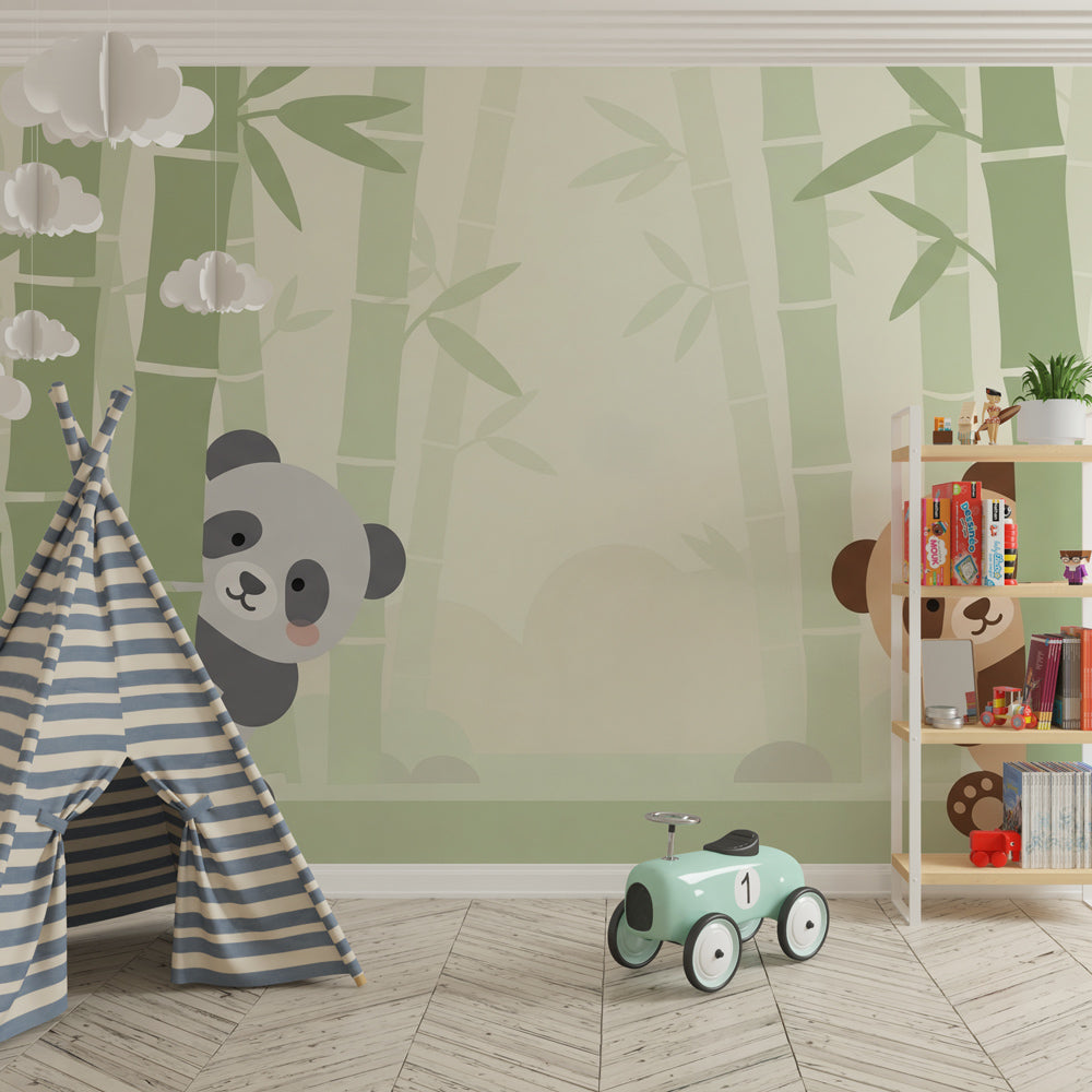 Bamboo panda wallpaper in modern children's bedroom with natural wood furniture by Kids-Mundo