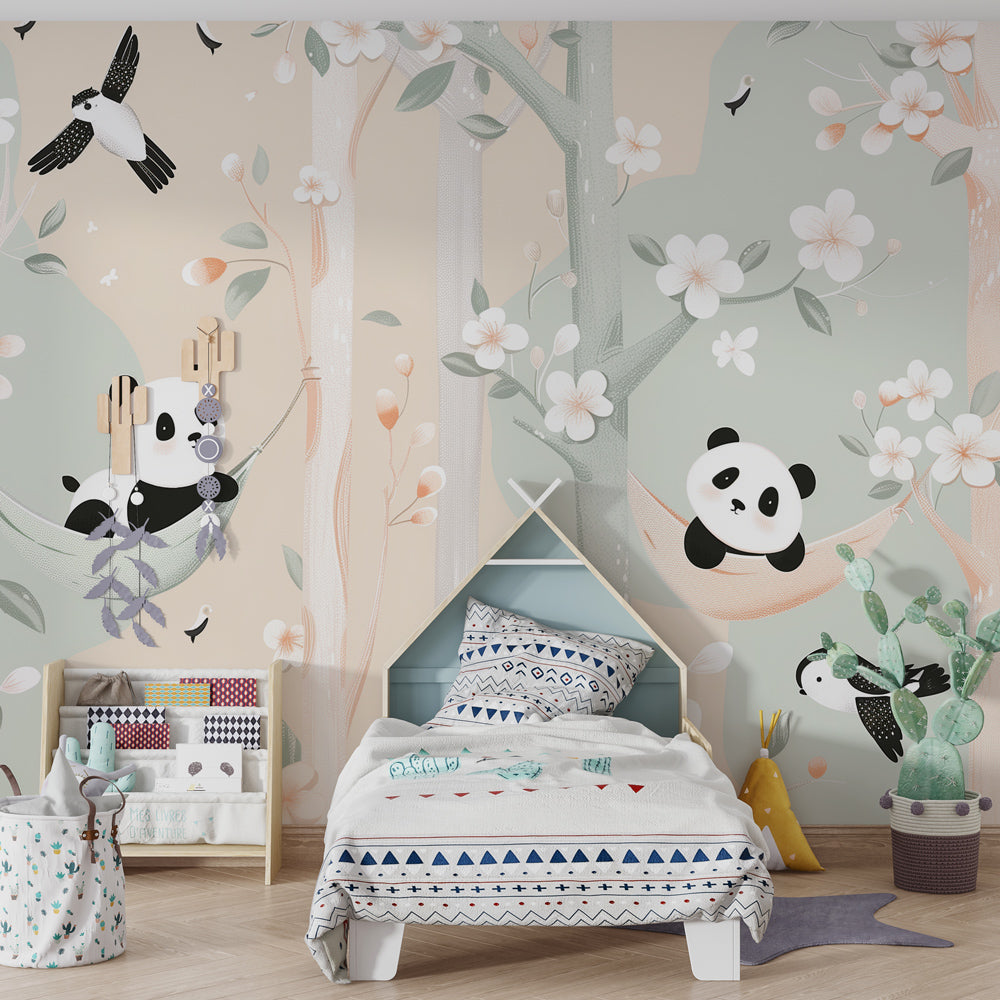 Playful panda and floral wallpaper creating magical kids bedroom atmosphere