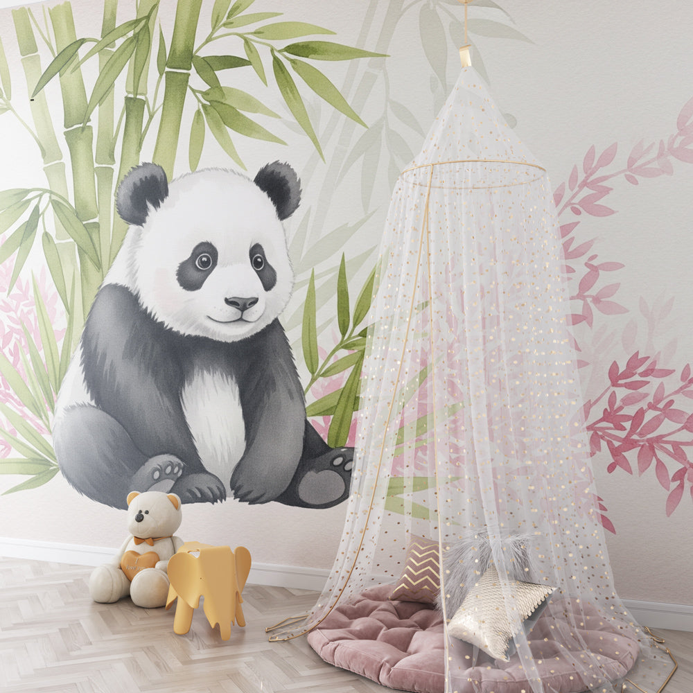 Peaceful panda mural wallpaper creating serene children's bedroom atmosphere