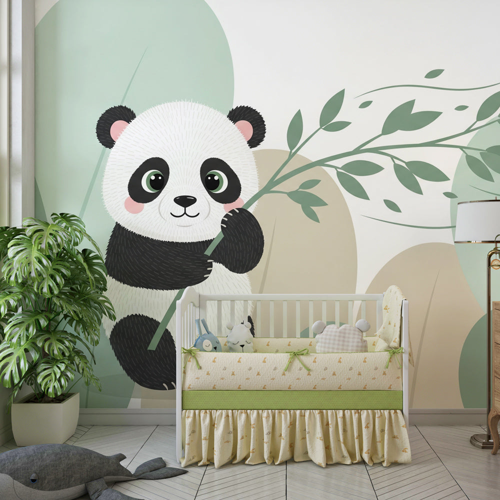 Playful panda wallpaper creating cozy children's bedroom atmosphere with green nature theme