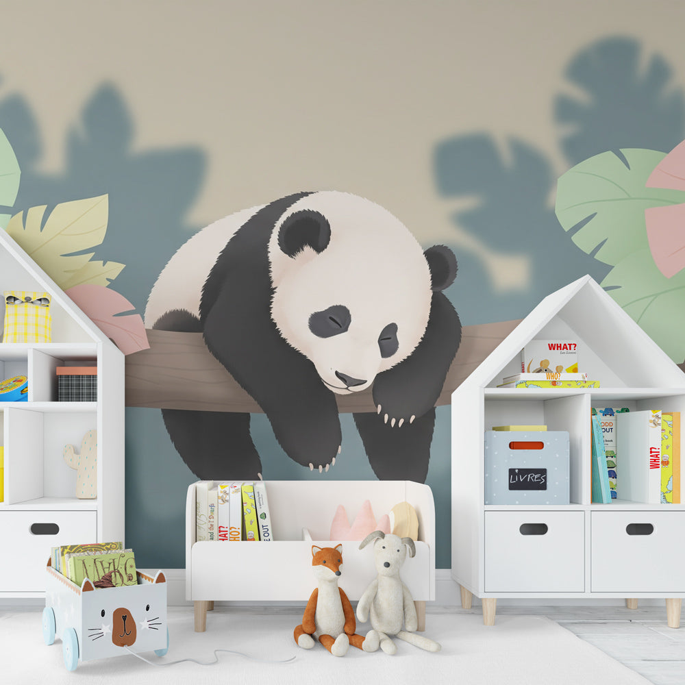 Panda mural wallpaper creating peaceful jungle atmosphere in children's bedroom decor