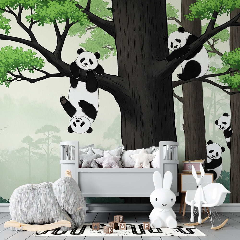 Playful panda forest wallpaper transforming children's bedroom into wildlife sanctuary