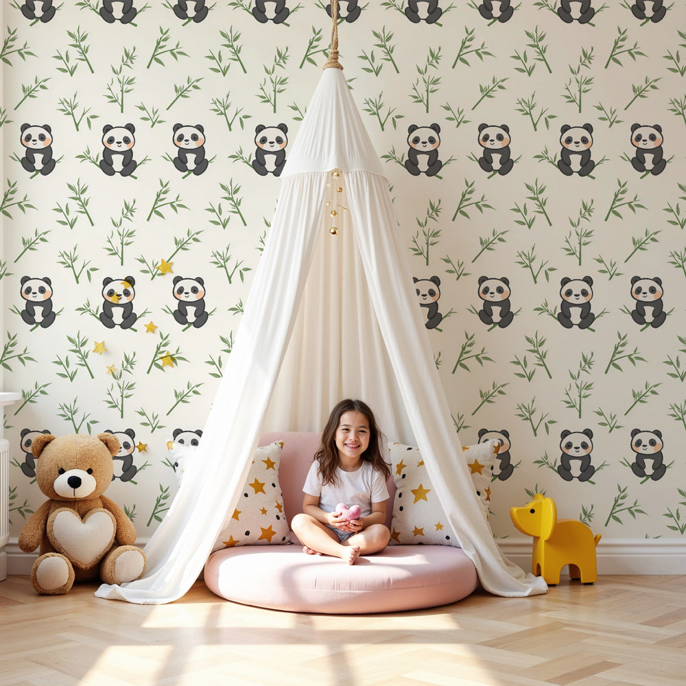 Panda mural wallpaper creating serene bamboo forest atmosphere in modern nursery by Kids-Mundo