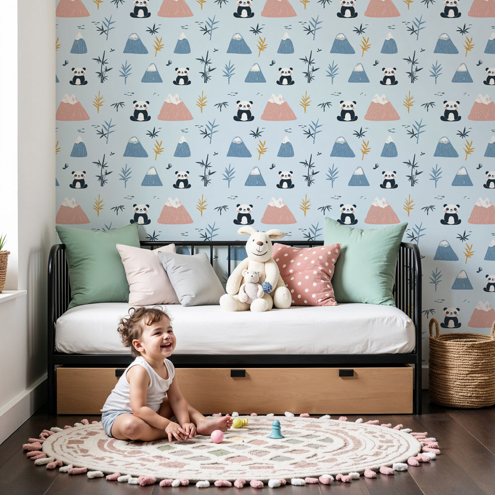 Cute panda mural wallpaper with colorful mountains in modern nursery by Kids-Mundo