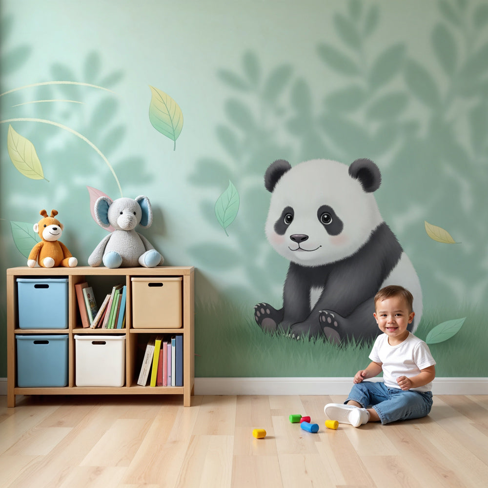 Panda mural wallpaper creating peaceful nursery decor with colorful leaves by Kids-Mundo