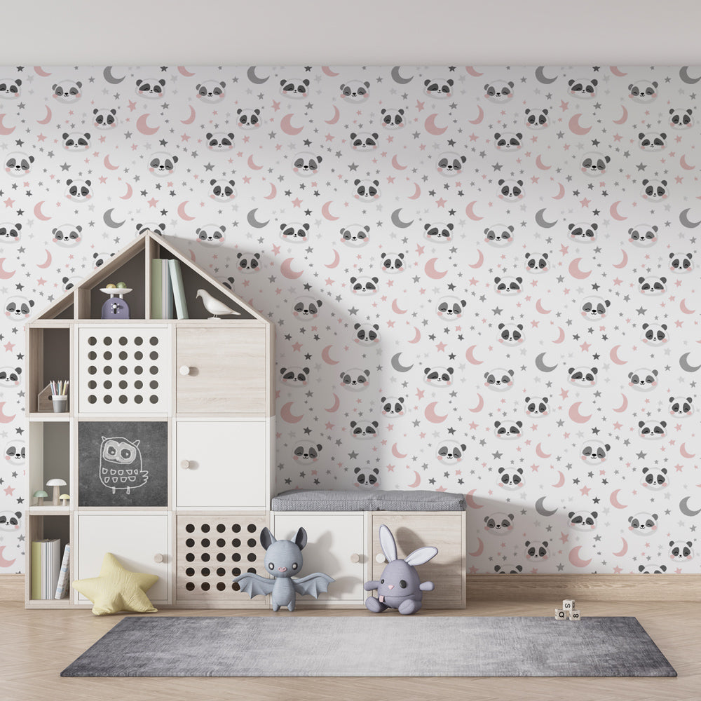 Panda and stars wallpaper in modern children's bedroom with soft pink gray tones