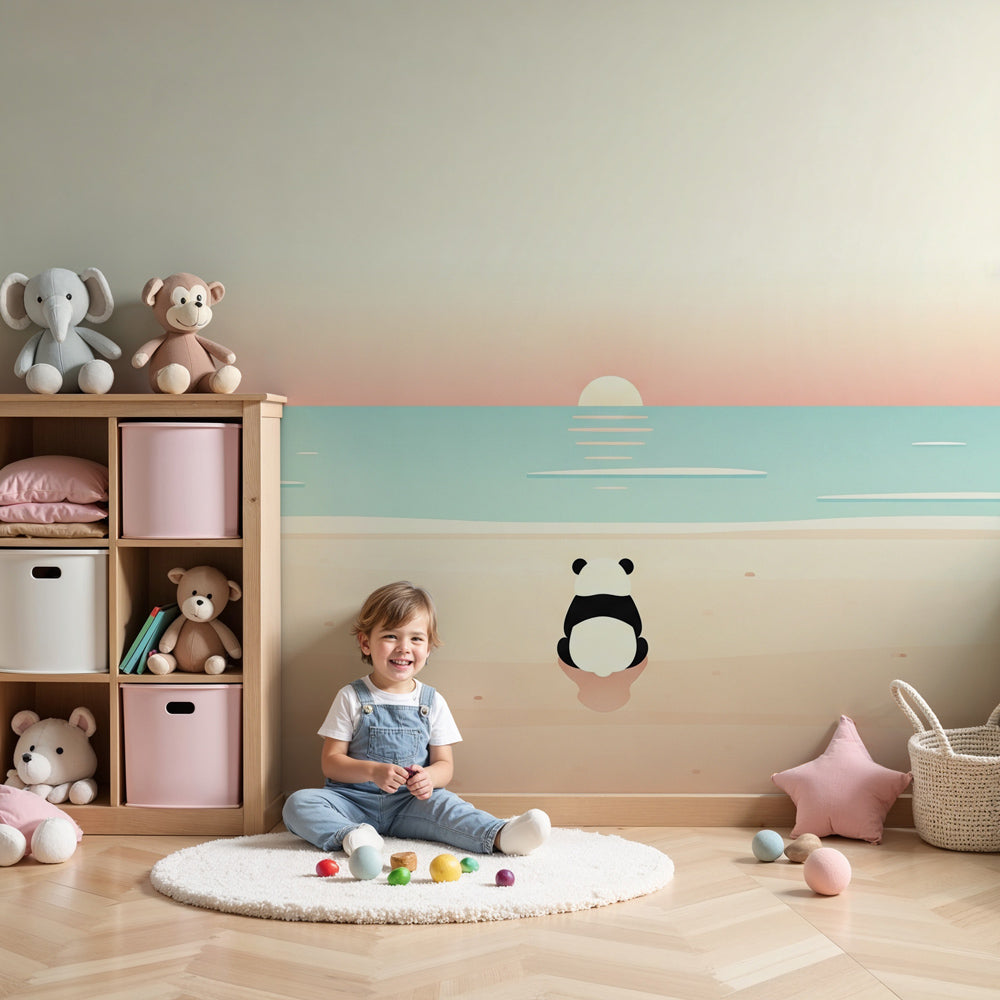Panda ocean mural wallpaper creating peaceful nursery decor with sunset beach scene by Kids-Mundo