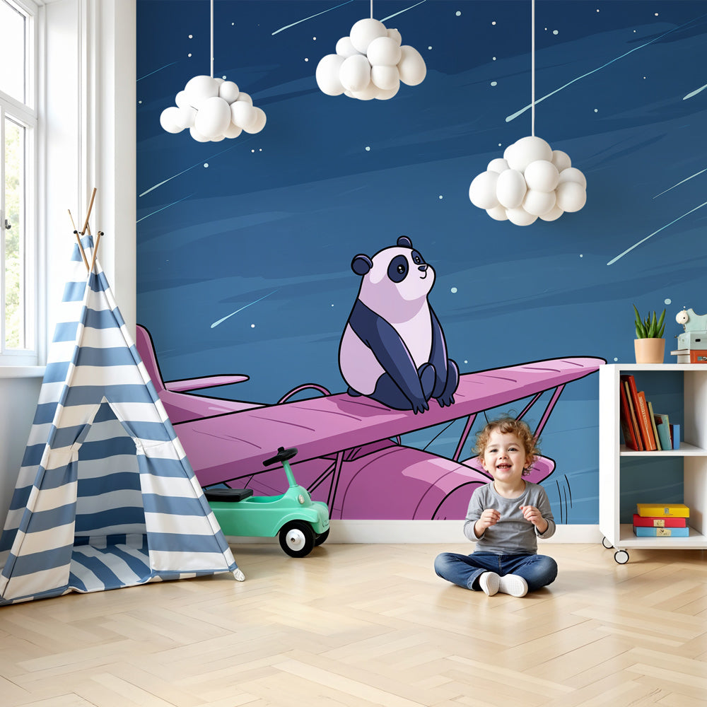 Panda pilot starry night mural wallpaper in modern nursery bedroom by Kids-Mundo