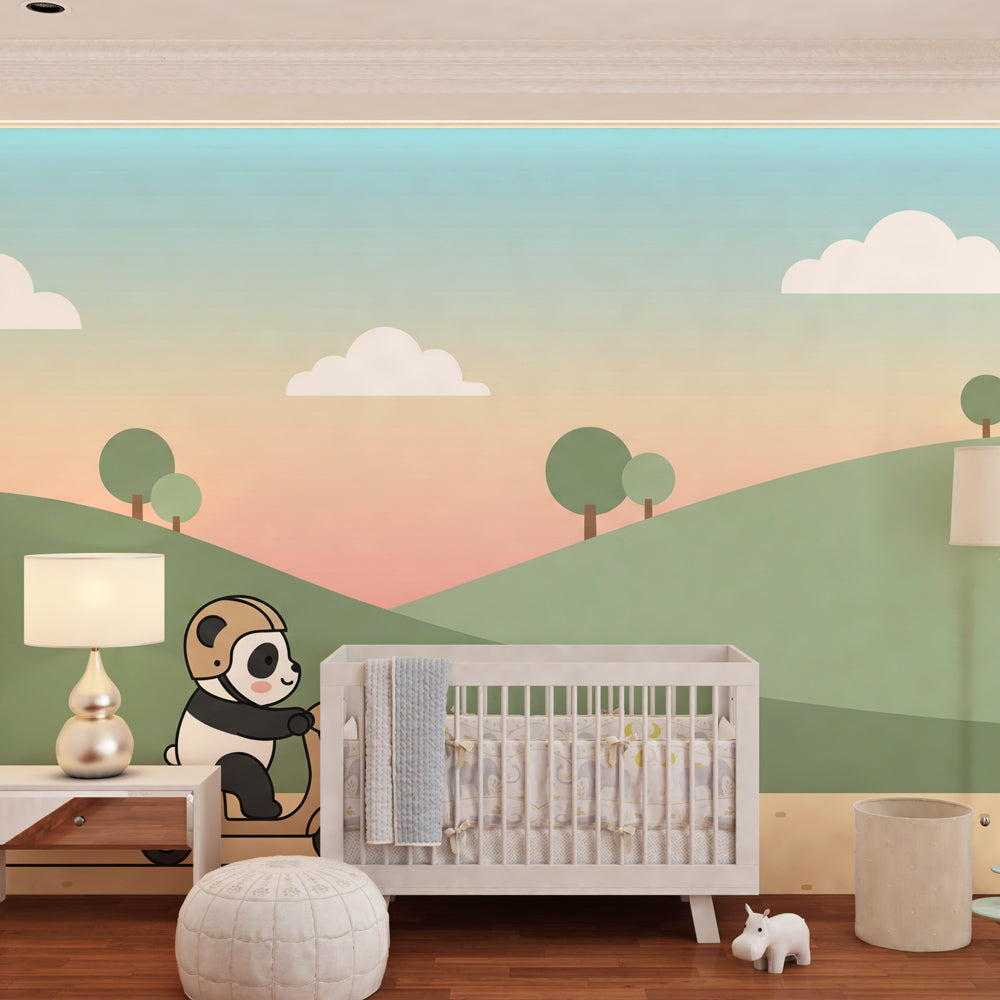 Children's panda scooter wallpaper creating playful atmosphere in kids bedroom decor
