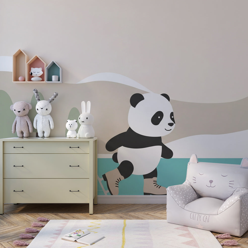 Winter themed panda skating wallpaper in modern kids bedroom with cozy mountain scenery
