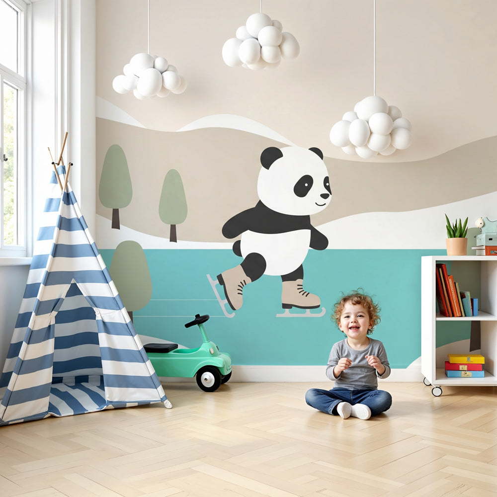 Panda ice skating mural wallpaper creating winter wonderland nursery decor by Kids-Mundo