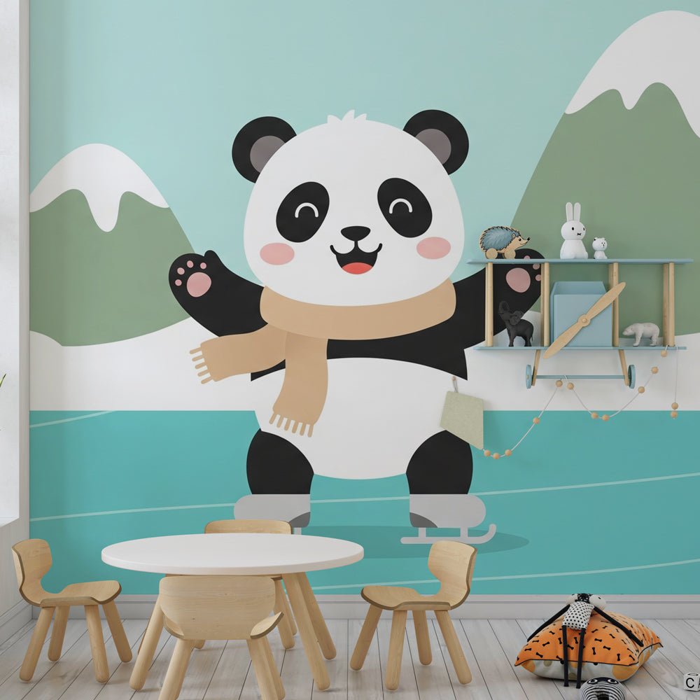 Winter adventure panda mural wallpaper creating magical playroom atmosphere