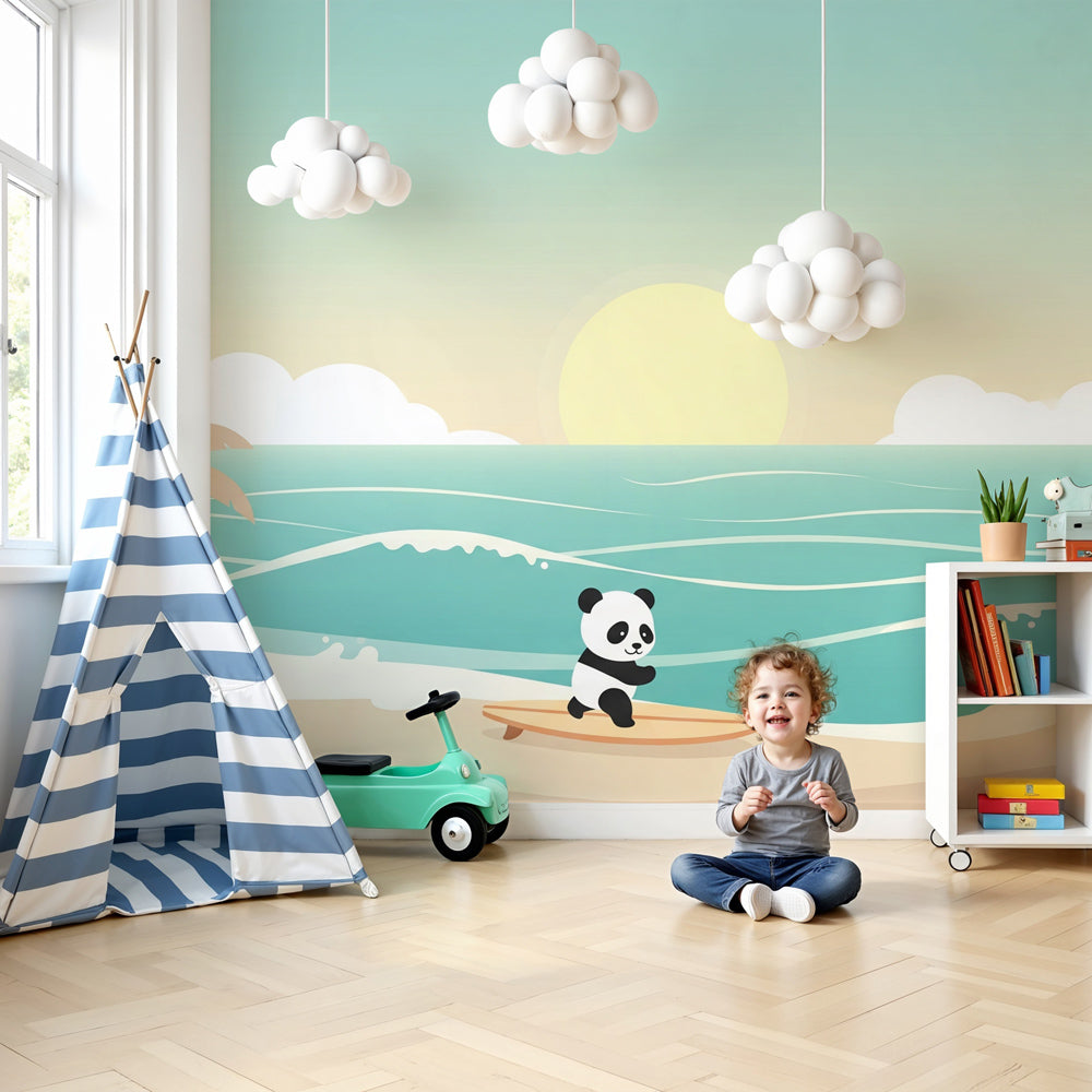 Panda surfer mural wallpaper creating coastal beach atmosphere in modern kids bedroom by Kids-Mundo