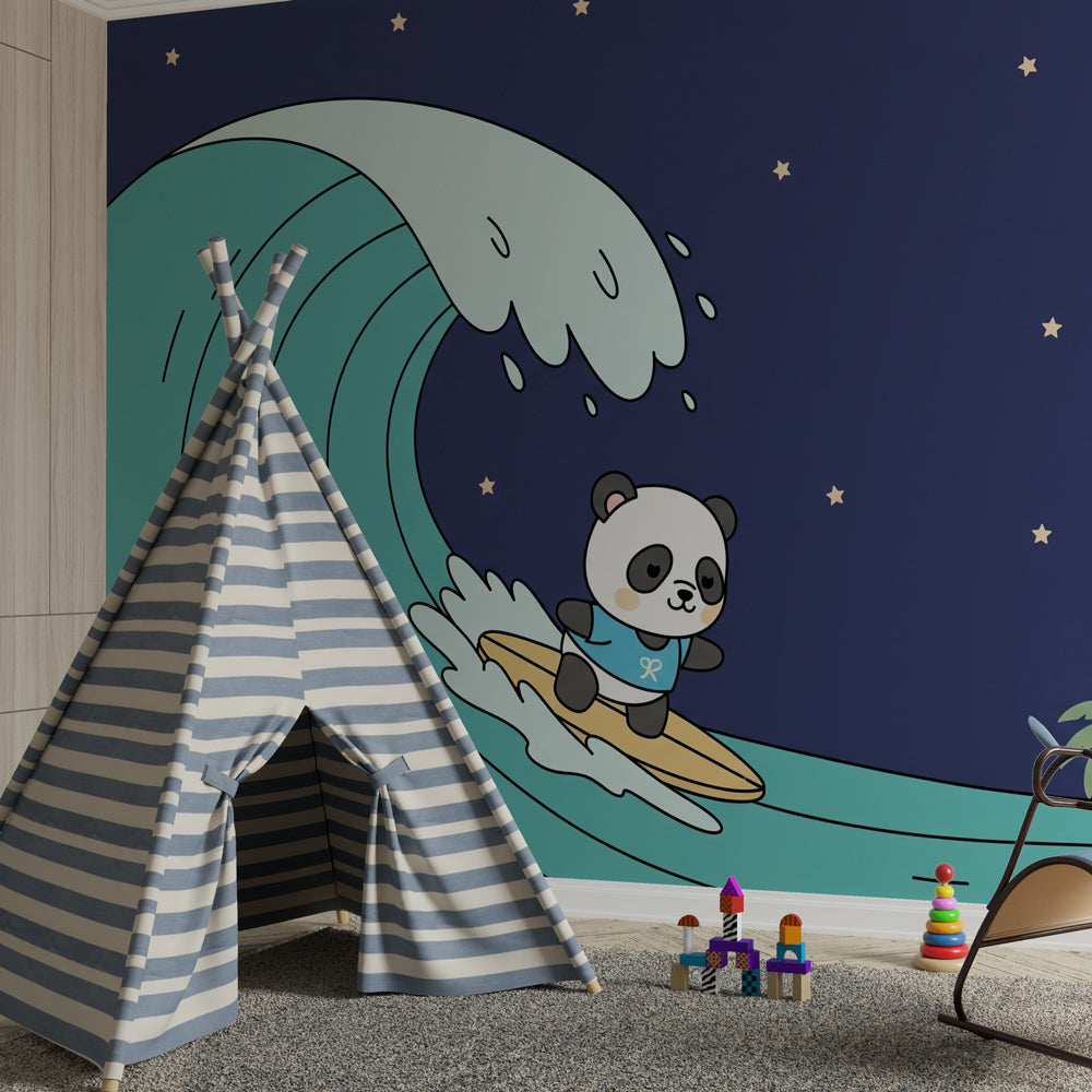 Ocean adventure wallpaper featuring panda surfer in children's bedroom decor