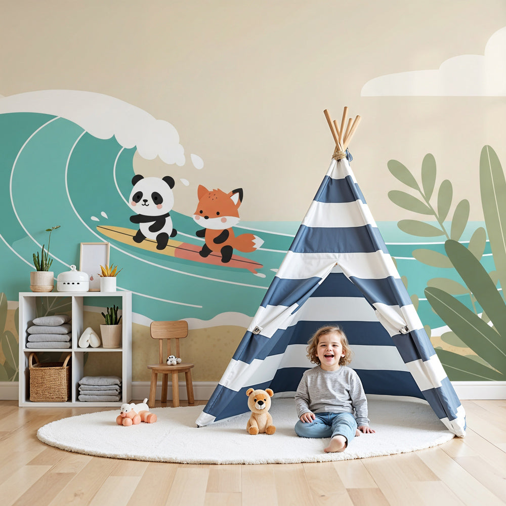Panda surfer mural wallpaper in coastal themed nursery with ocean adventure decor by Kids-Mundo
