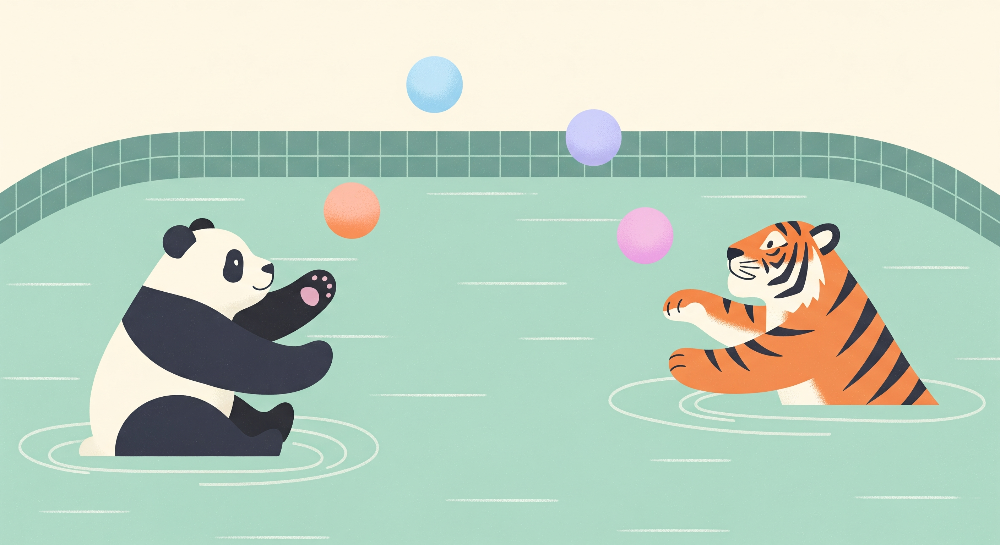 Panda and Tiger Playing in the Pool Wall Mural