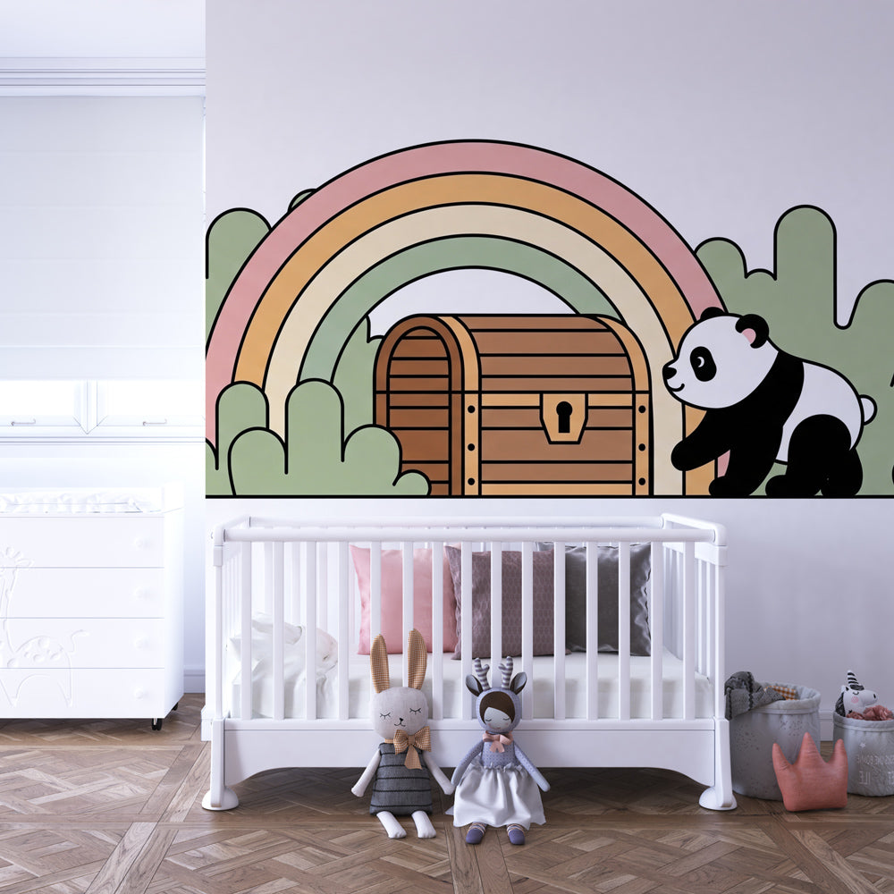 Rainbow panda adventure wallpaper creating magical kids bedroom decor with wooden furniture