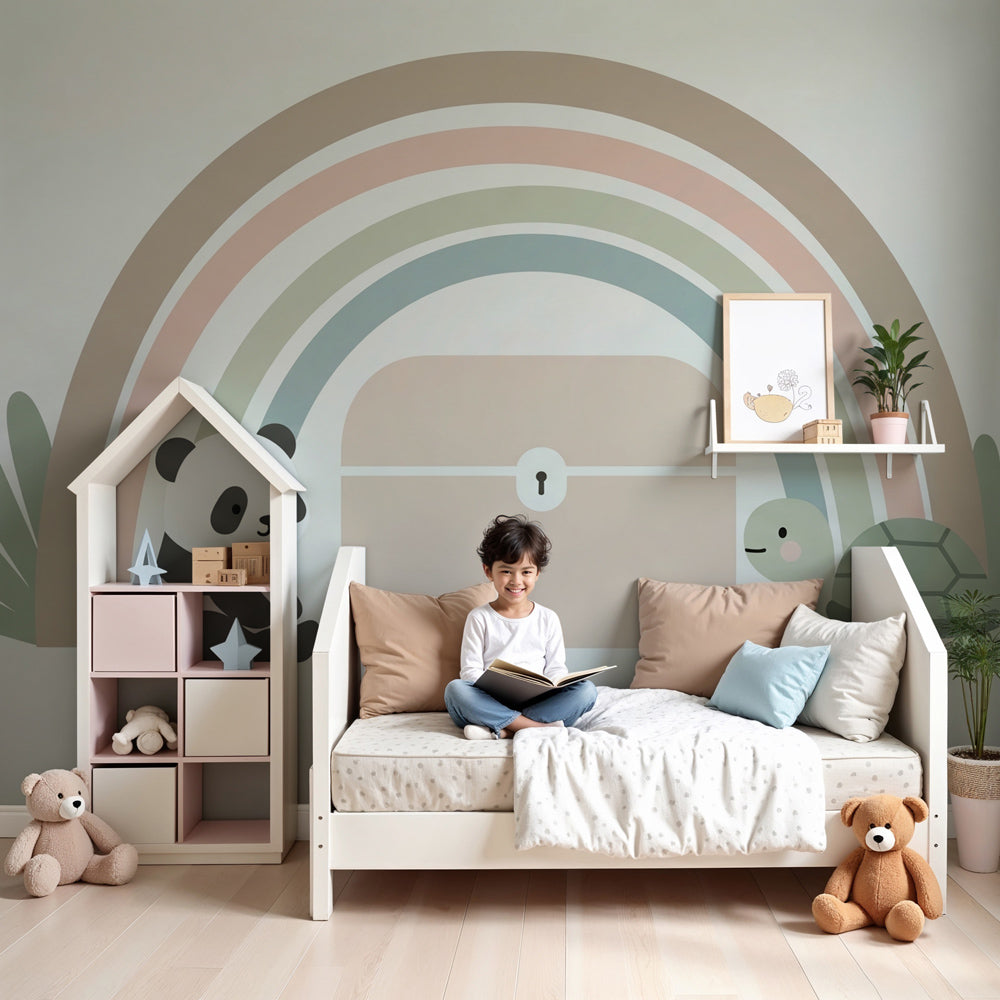 Panda turtle rainbow mural wallpaper in modern baby nursery by Kids-Mundo