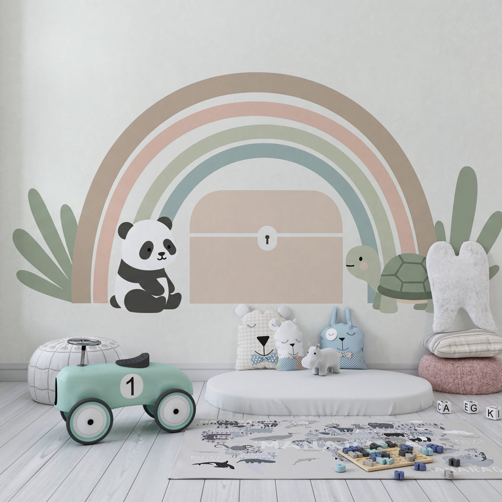 Rainbow animal wallpaper creating magical nursery decor with panda and turtle characters
