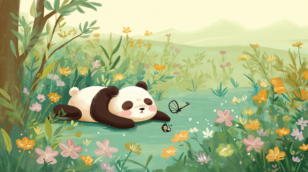Kids-Mundo flat artwork of a sleeping panda resting among colourful wildflowers