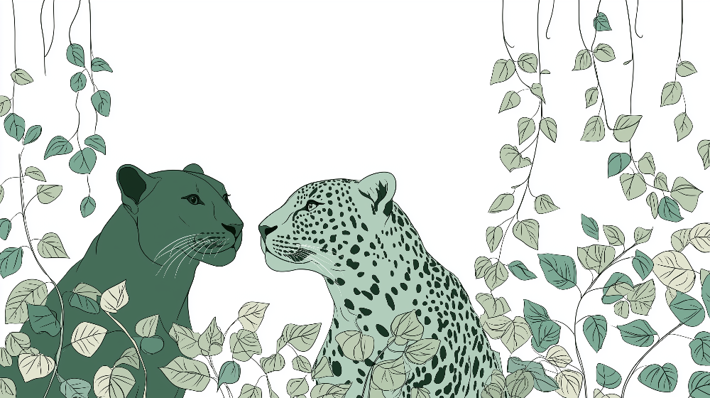 Kids-Mundo flat artwork of a dark green panther and pale leopard facing each other among vines