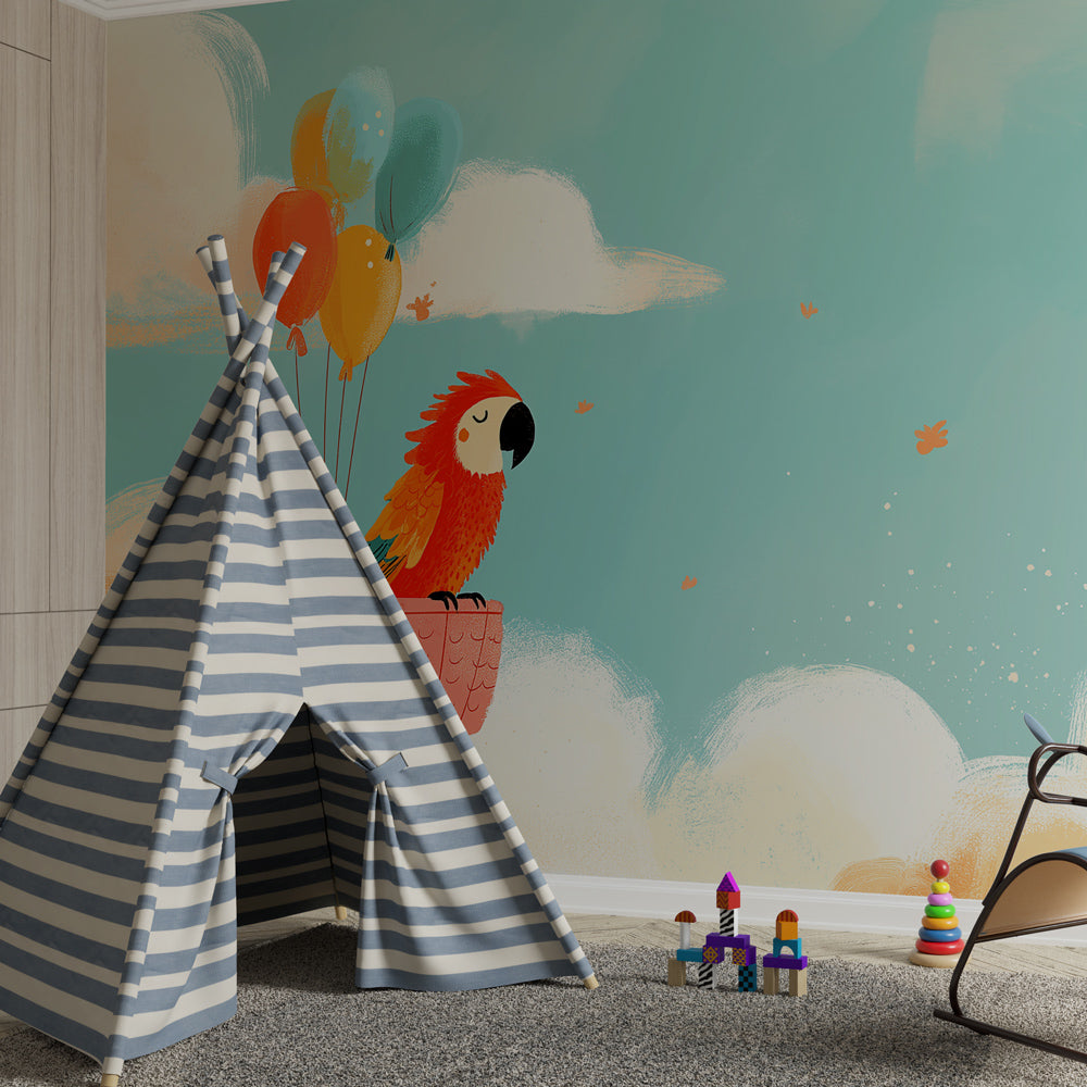 Adventure balloon parrot wallpaper creating magical children's bedroom decor
