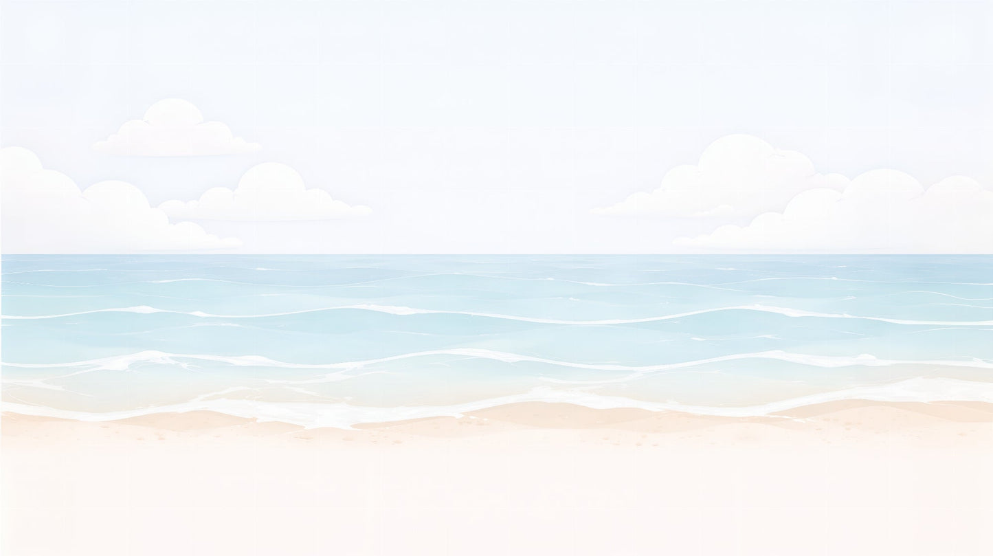 Kids-Mundo flat artwork of a pastel beach and ocean scene with soft clouds and calm waves