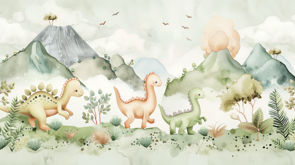 Kids-Mundo flat artwork print of the pastel cartoon dinosaurs and volcano design.