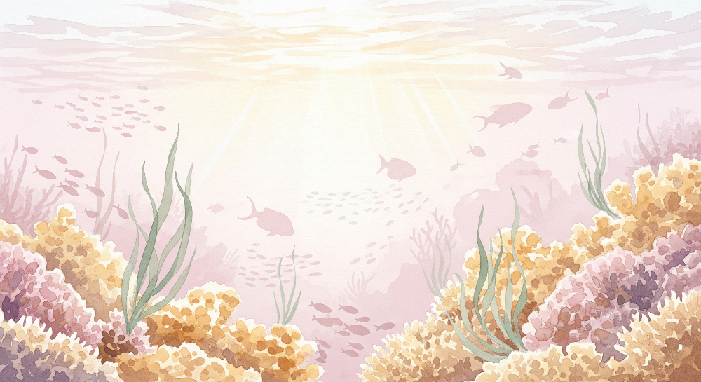 Kids-Mundo flat artwork of a pastel watercolor coral reef with sunbeams and tiny fish